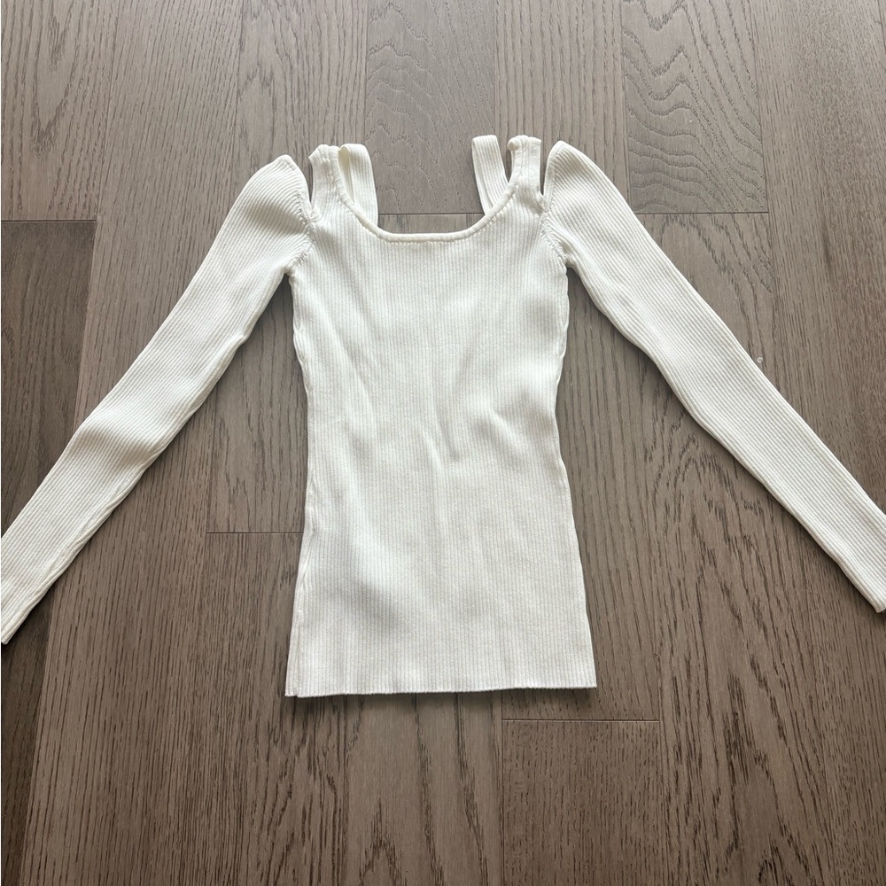 White Ribbed Long-Sleeve Square Neck Top